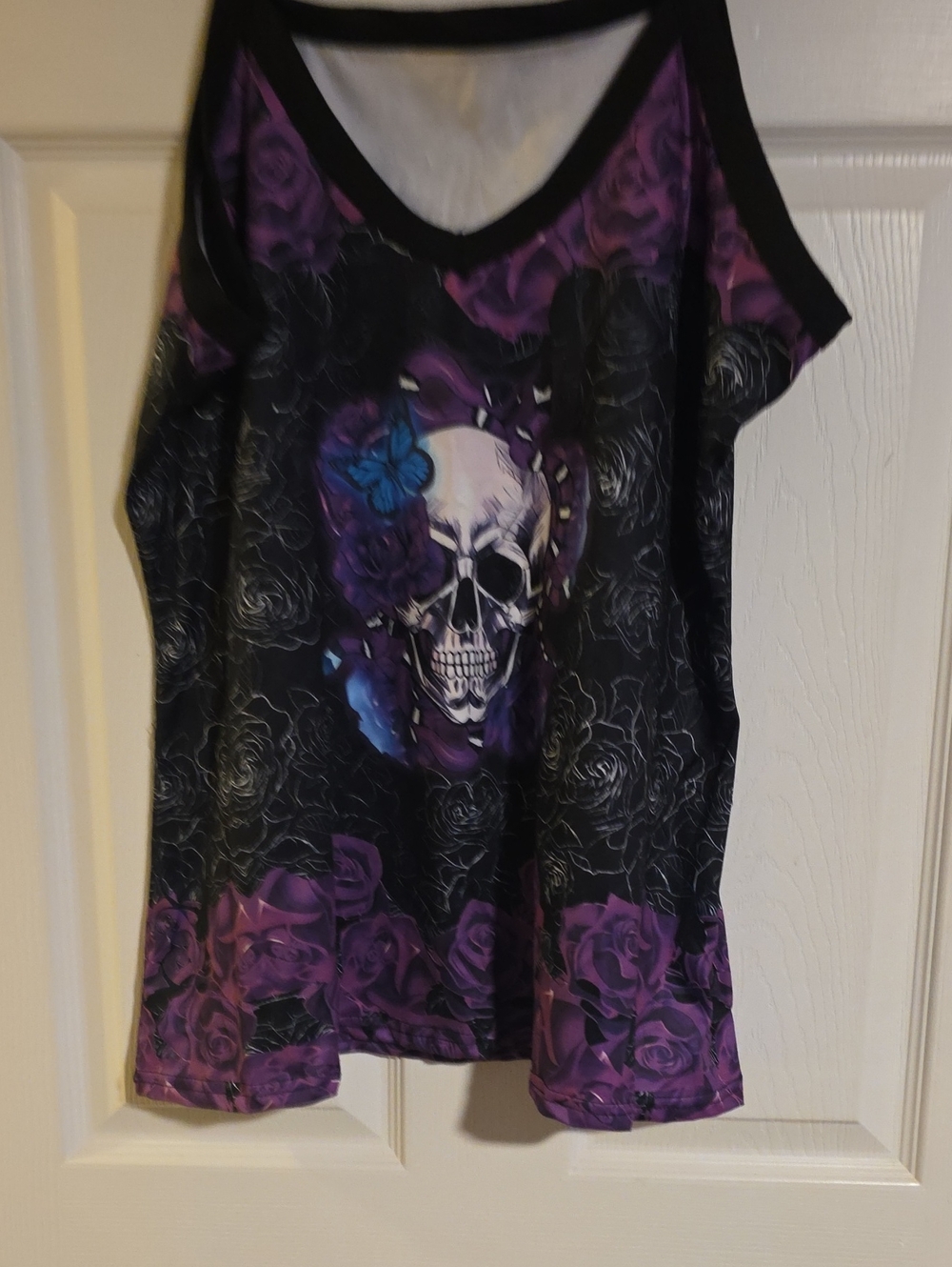 Women’s Gothic Skull V-Neck Top in Black and Purple